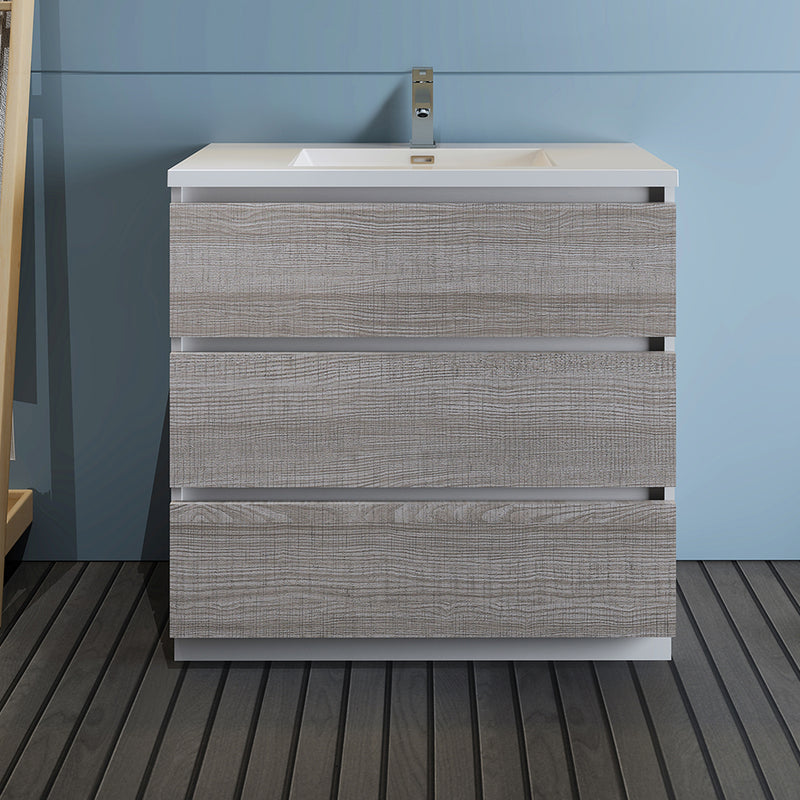 Fresca Lazzaro 36" Glossy Ash Gray Free Standing Modern Bathroom Cabinet with Integrated Sink FCB9336HA-I