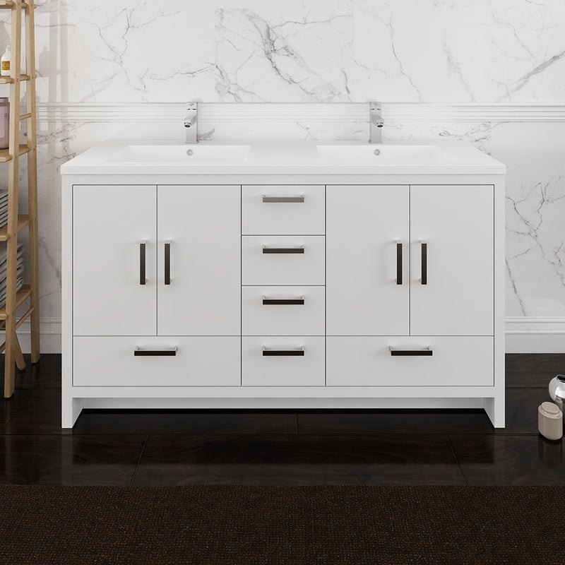 Fresca Imperia 60" Glossy White Free Standing Modern Bathroom Cabinet with Integrated Double Sink FCB9460WH-D-I