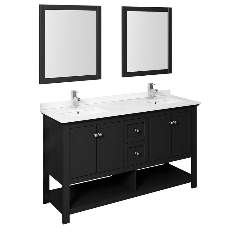 Fresca Manchester 60" Black Traditional Double Sink Bathroom Vanity w/ Mirrors FVN2360BL-D