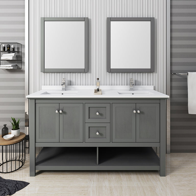 Fresca Manchester Regal 60" Gray Wood Veneer Traditional Double Sink Bathroom Vanity with Mirrors FVN2360VG-D