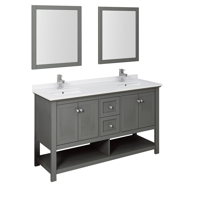 Fresca Manchester Regal 60" Gray Wood Veneer Traditional Double Sink Bathroom Vanity w/ Mirrors FVN2360VG-D