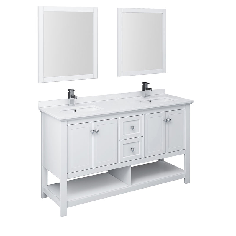 Fresca Manchester 60" White Traditional Double Sink Bathroom Vanity w/ Mirrors FVN2360WH-D