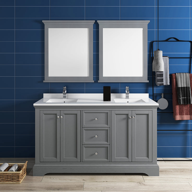 Fresca Windsor 60" Gray Textured Traditional Double Sink Bathroom Vanity with Mirrors FVN2460GRV