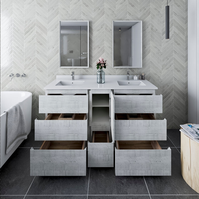 Fresca Formosa 60" Floor Standing Double Sink Modern Bathroom Vanity with Mirrors in Rustic White FVN31-241224RWH-FC