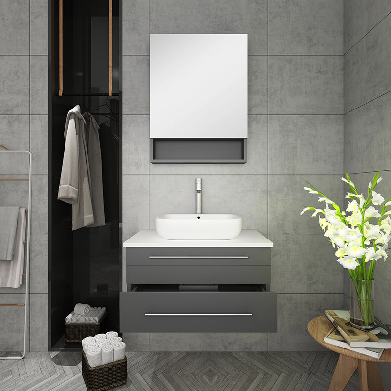 Fresca Lucera 30" Gray Wall Hung Vessel Sink Modern Bathroom Vanity with Medicine Cabinet FVN6130GR-VSL