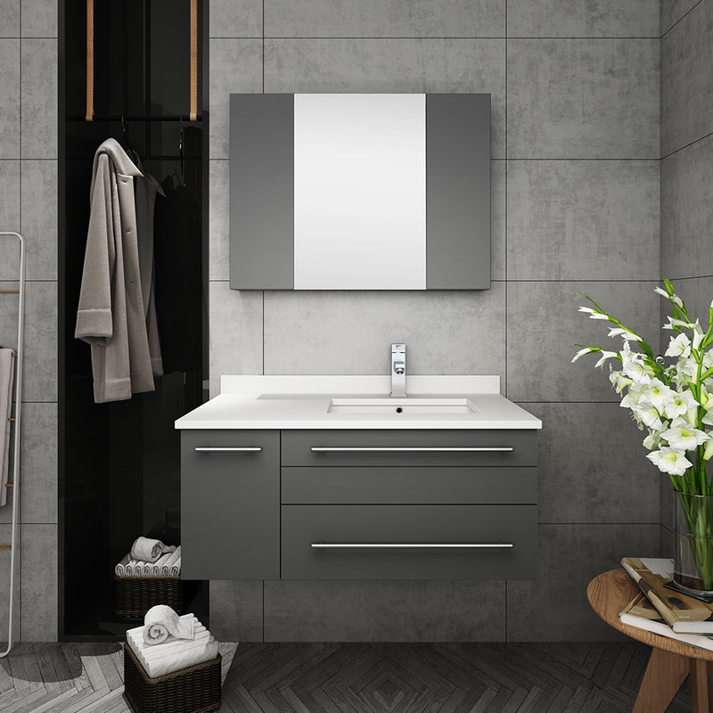 Fresca Lucera 36" Gray Wall Hung Undermount Sink Modern Bathroom Vanity with Medicine Cabinet - Right Version FVN6136GR-UNS-R