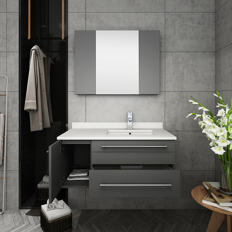 Fresca Lucera 36" Gray Wall Hung Undermount Sink Modern Bathroom Vanity with Medicine Cabinet - Right Version FVN6136GR-UNS-R