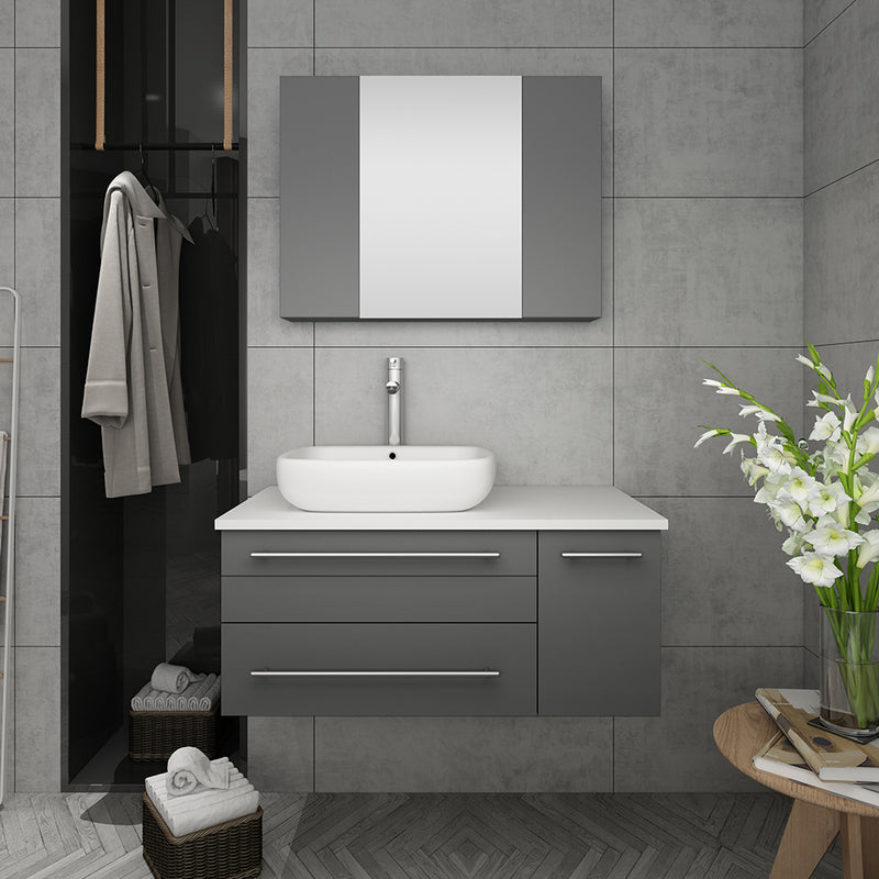 Fresca Lucera 36" Gray Wall Hung Vessel Sink Modern Bathroom Vanity with Medicine Cabinet - Left Version FVN6136GR-VSL-L