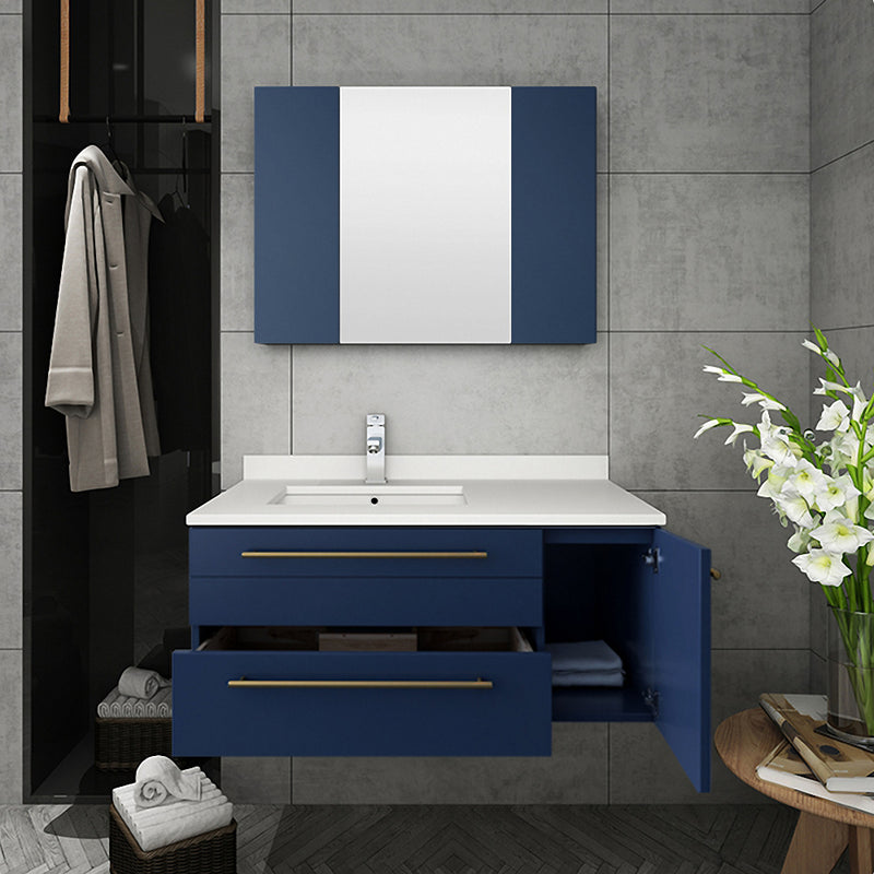 Fresca Lucera 36" Royal Blue Wall Hung Undermount Sink Modern Bathroom Vanity with Medicine Cabinet - Left Version FVN6136RBL-UNS-L