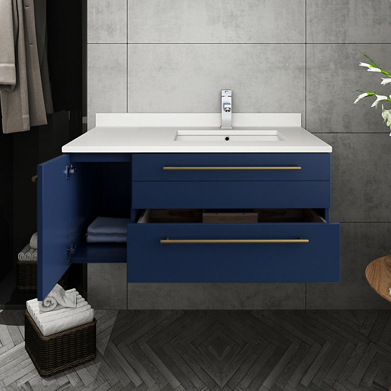 Fresca Lucera 36" Royal Blue Wall Hung Undermount Sink Modern Bathroom Vanity with Medicine Cabinet - Right Version FVN6136RBL-UNS-R