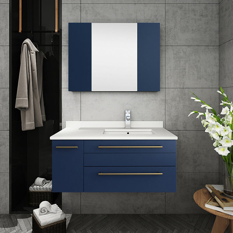 Fresca Lucera 36" Royal Blue Wall Hung Undermount Sink Modern Bathroom Vanity with Medicine Cabinet - Right Version FVN6136RBL-UNS-R