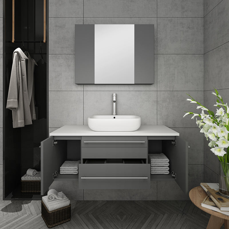 Fresca Lucera 42" Gray Wall Hung Vessel Sink Modern Bathroom Vanity with Medicine Cabinet FVN6142GR-VSL