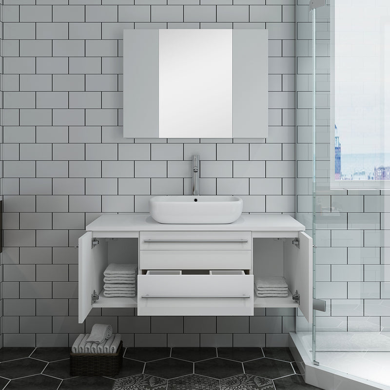 Fresca Lucera 42" White Wall Hung Vessel Sink Modern Bathroom Vanity with Medicine Cabinet FVN6142WH-VSL