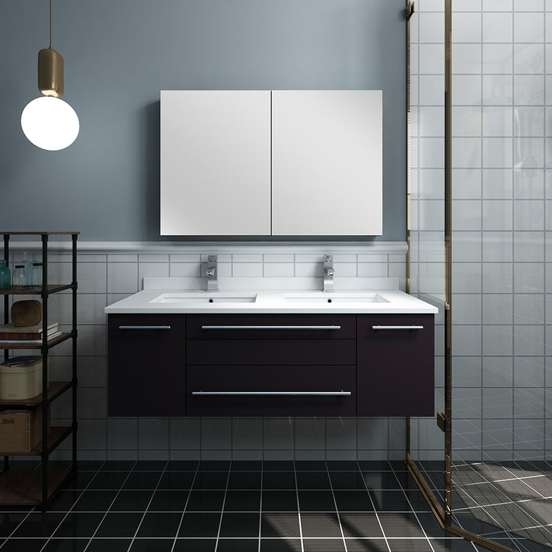 Fresca Lucera 48" Espresso Wall Hung Double Undermount Sink Modern Bathroom Vanity with Medicine Cabinet FVN6148ES-UNS-D