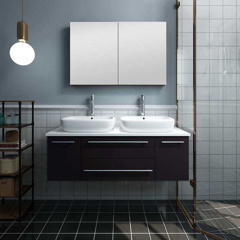 Fresca Lucera 48" Espresso Wall Hung Double Vessel Sink Modern Bathroom Vanity with Medicine Cabinet FVN6148ES-VSL-D