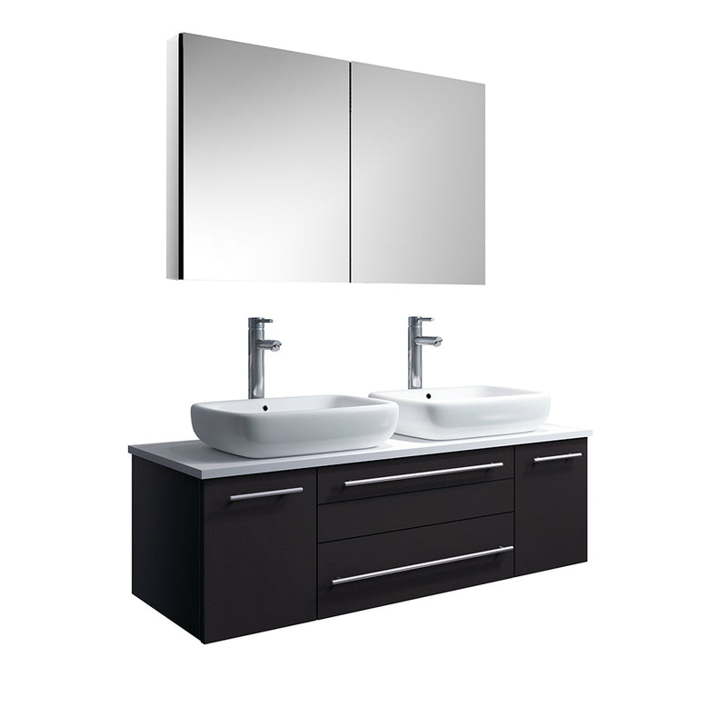 Fresca Lucera 48" Espresso Wall Hung Double Vessel Sink Modern Bathroom Vanity w/ Medicine Cabinet FVN6148ES-VSL-D