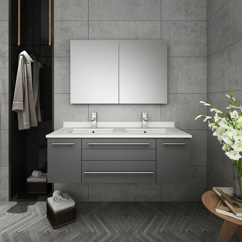 Fresca Lucera 48" Gray Wall Hung Double Undermount Sink Modern Bathroom Vanity with Medicine Cabinet FVN6148GR-UNS-D