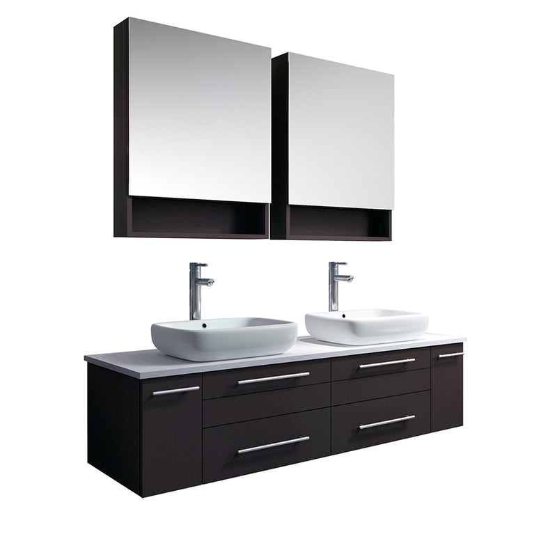 Fresca Lucera 60" Espresso Wall Hung Double Vessel Sink Modern Bathroom Vanity w/ Medicine Cabinets FVN6160ES-VSL-D