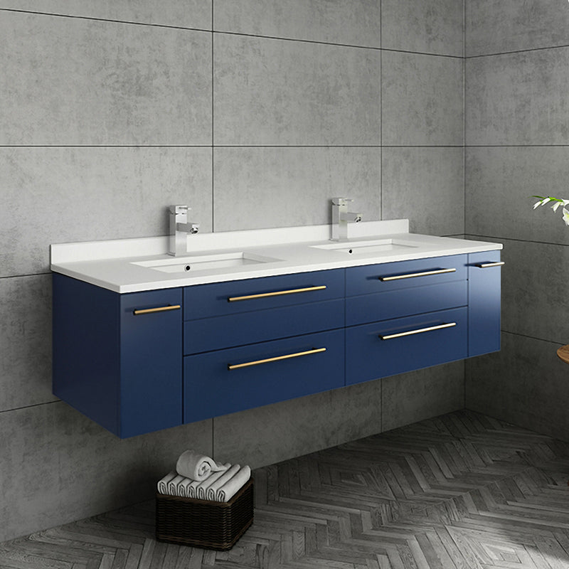 Fresca Lucera 60" Royal Blue Wall Hung Double Undermount Sink Modern Bathroom Vanity with Medicine Cabinets FVN6160RBL-UNS-D