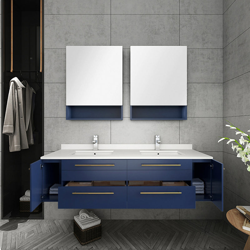 Fresca Lucera 60" Royal Blue Wall Hung Double Undermount Sink Modern Bathroom Vanity with Medicine Cabinets FVN6160RBL-UNS-D