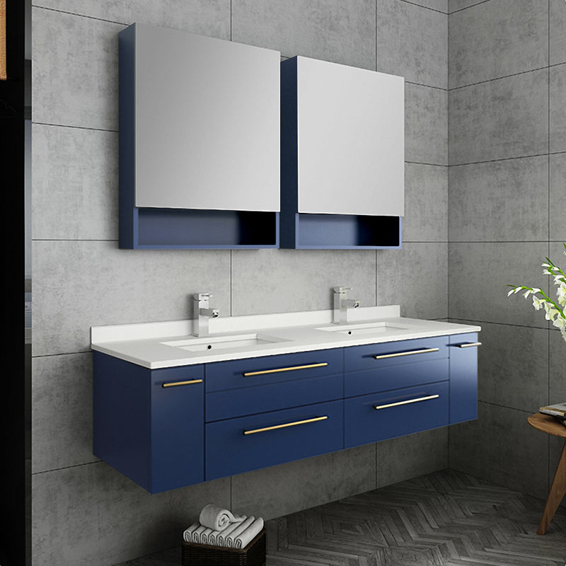 Fresca Lucera 60" Royal Blue Wall Hung Double Undermount Sink Modern Bathroom Vanity with Medicine Cabinets FVN6160RBL-UNS-D