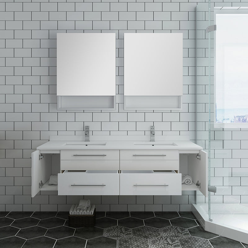 Fresca Lucera 60" White Wall Hung Double Undermount Sink Modern Bathroom Vanity with Medicine Cabinets FVN6160WH-UNS-D