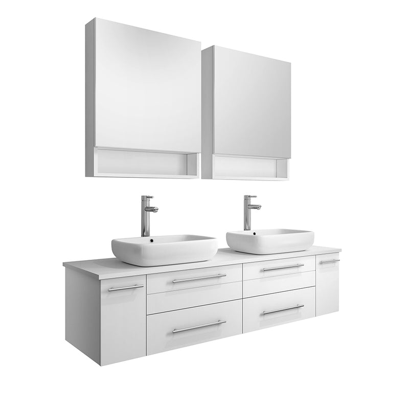 Fresca Lucera 60" White Wall Hung Double Vessel Sink Modern Bathroom Vanity w/ Medicine Cabinets FVN6160WH-VSL-D