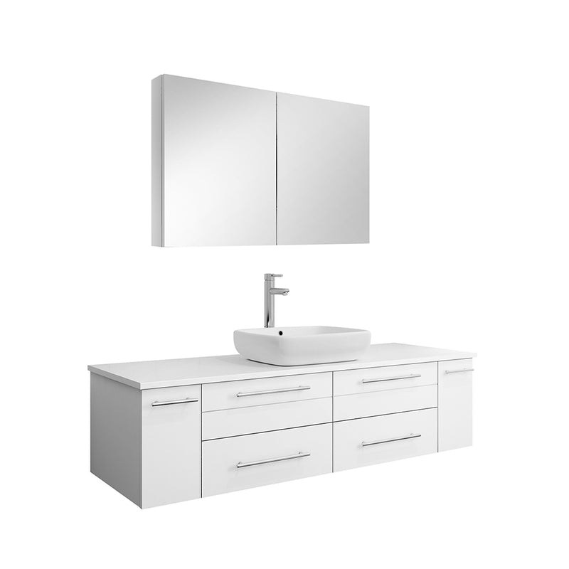 Fresca Lucera 60" White Wall Hung Single Vessel Sink Modern Bathroom Vanity w/ Medicine Cabinet FVN6160WH-VSL