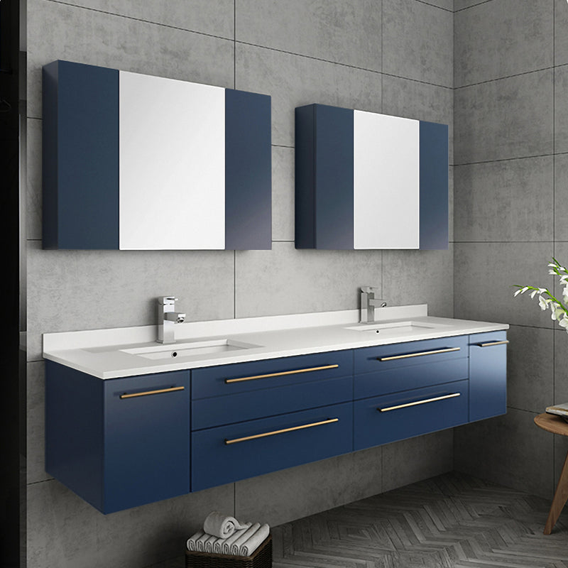 Fresca Lucera 72" Royal Blue Wall Hung Double Undermount Sink Modern Bathroom Vanity with Medicine Cabinets FVN6172RBL-UNS-D