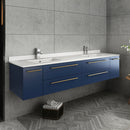 Fresca Lucera 72" Royal Blue Wall Hung Double Undermount Sink Modern Bathroom Vanity with Medicine Cabinets FVN6172RBL-UNS-D