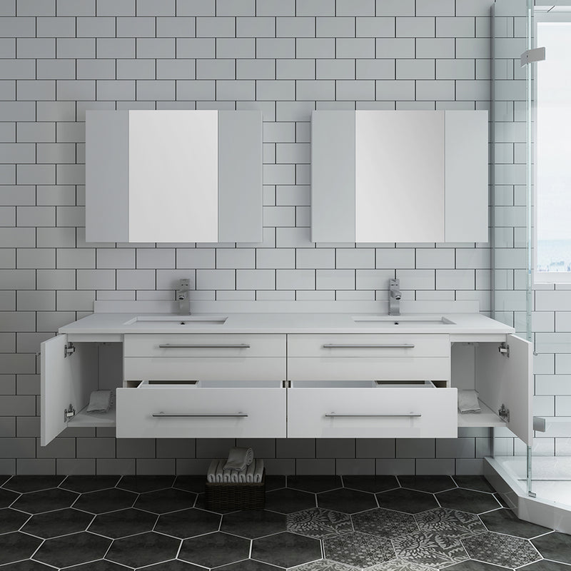 Fresca Lucera 72" White Wall Hung Double Undermount Sink Modern Bathroom Vanity with Medicine Cabinets FVN6172WH-UNS-D