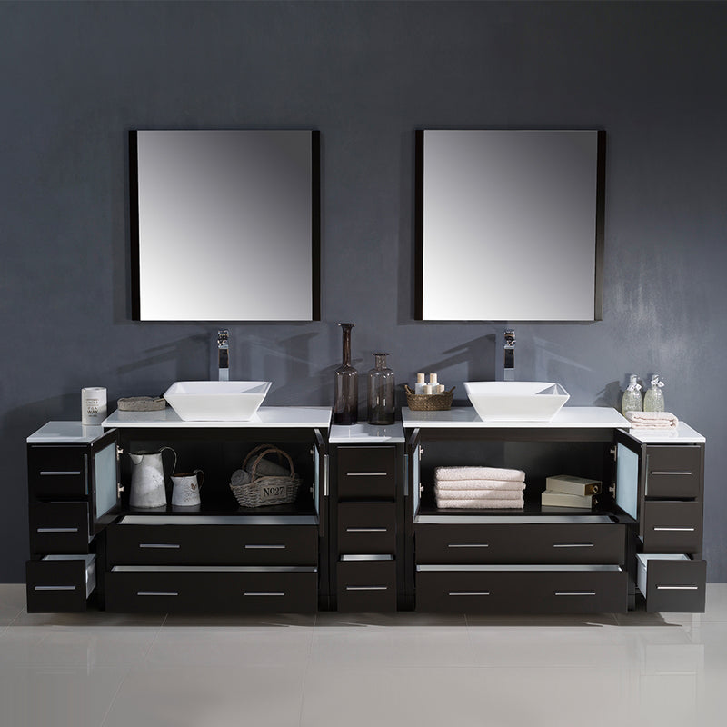 Fresca Torino 108" Espresso Modern Double Sink Bathroom Vanity with 3 Side Cabinets and Vessel Sinks FVN62-108ES-VSL