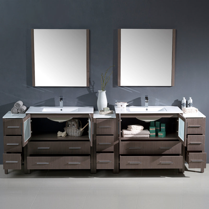 Fresca Torino 108" Gray Oak Modern Double Sink Bathroom Vanity with 3 Side Cabinets and Integrated Sinks FVN62-108GO-UNS