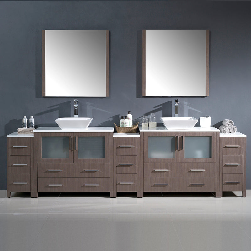 Fresca Torino 108" Gray Oak Modern Double Sink Bathroom Vanity with 3 Side Cabinets and Vessel Sinks FVN62-108GO-VSL