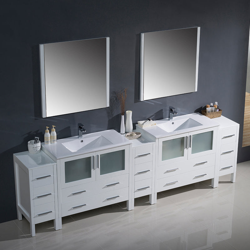 Fresca Torino 108" White Modern Double Sink Bathroom Vanity with 3 Side Cabinets and Integrated Sinks FVN62-108WH-UNS