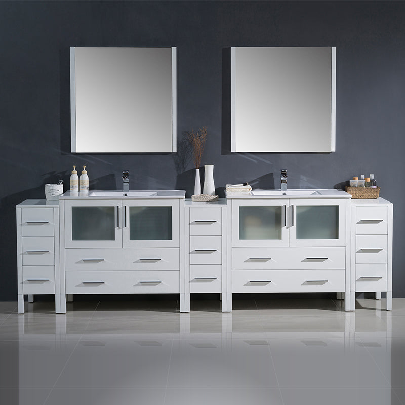 Fresca Torino 108" White Modern Double Sink Bathroom Vanity with 3 Side Cabinets and Integrated Sinks FVN62-108WH-UNS