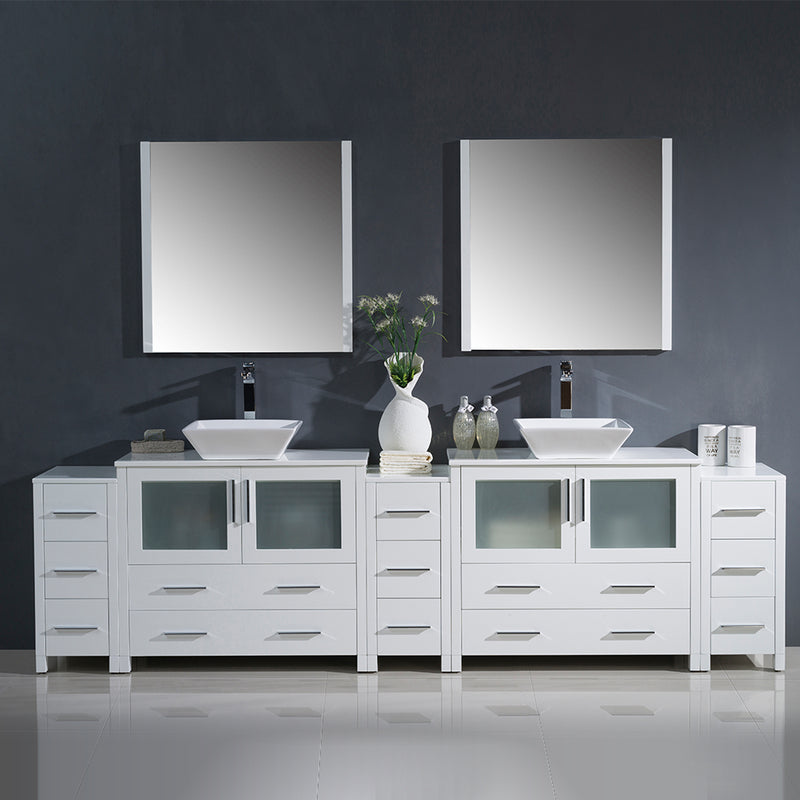 Fresca Torino 108" White Modern Double Sink Bathroom Vanity with 3 Side Cabinets and Vessel Sinks FVN62-108WH-VSL