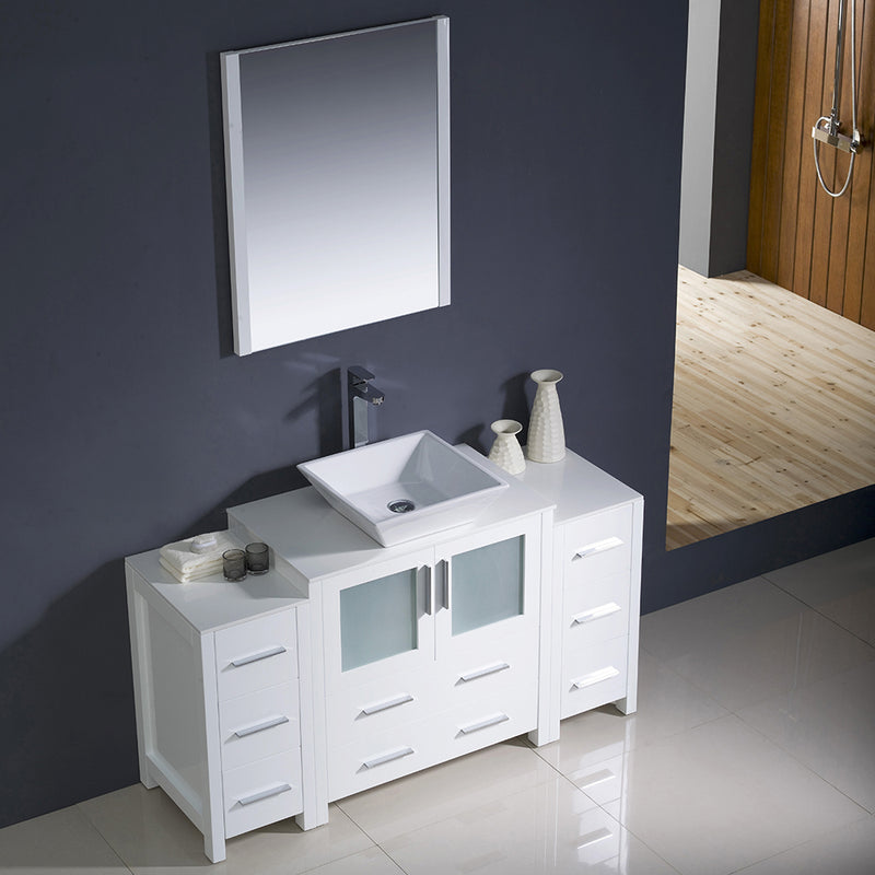 Fresca Torino 54" White Modern Bathroom Vanity with 2 Side Cabinets and Vessel Sink FVN62-123012WH-VSL