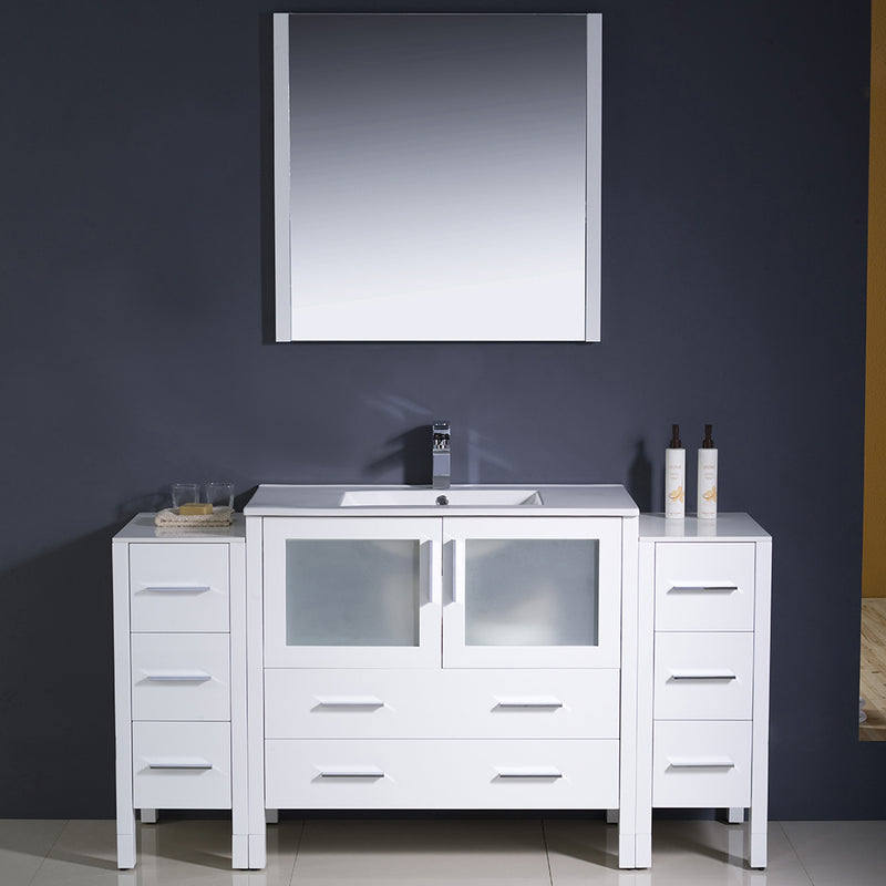 Fresca Torino 60" White Modern Bathroom Vanity with 2 Side Cabinets and Integrated Sink FVN62-123612WH-UNS