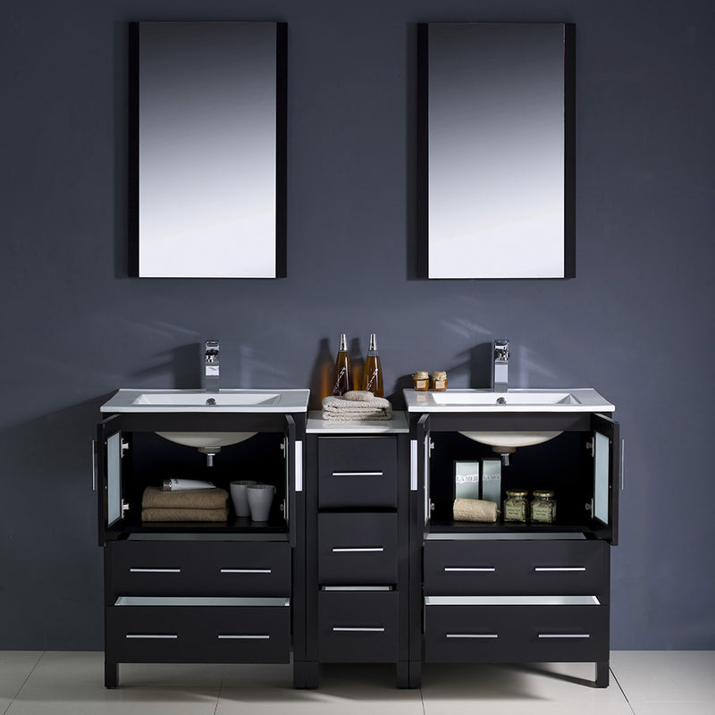 Fresca Torino 60" Espresso Modern Double Sink Bathroom Vanity with Side Cabinet and Integrated Sinks FVN62-241224ES-UNS