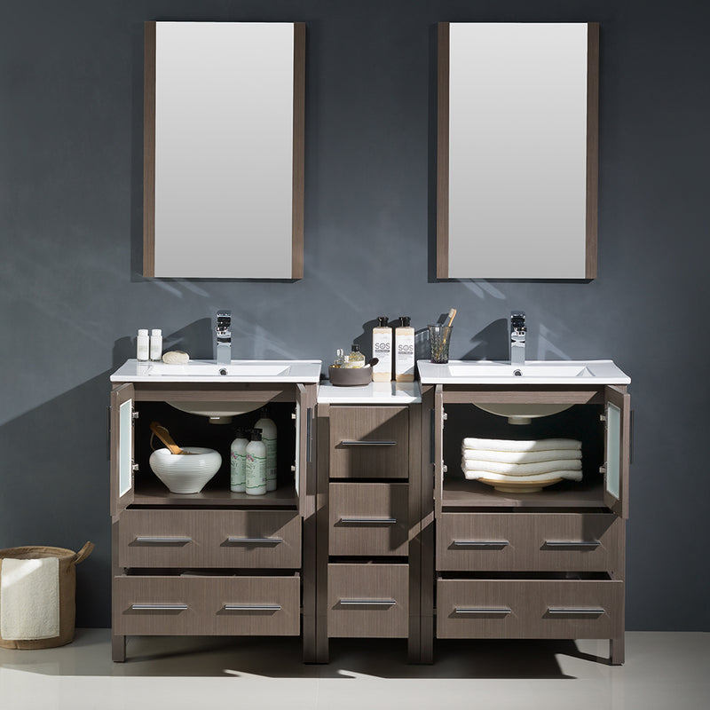 Fresca Torino 60" Gray Oak Modern Double Sink Bathroom Vanity with Side Cabinet and Integrated Sinks FVN62-241224GO-UNS