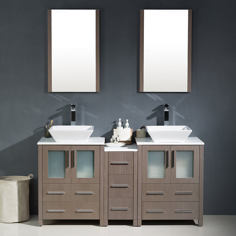 Fresca Torino 60" Gray Oak Modern Double Sink Bathroom Vanity with Side Cabinet and Vessel Sinks FVN62-241224GO-VSL