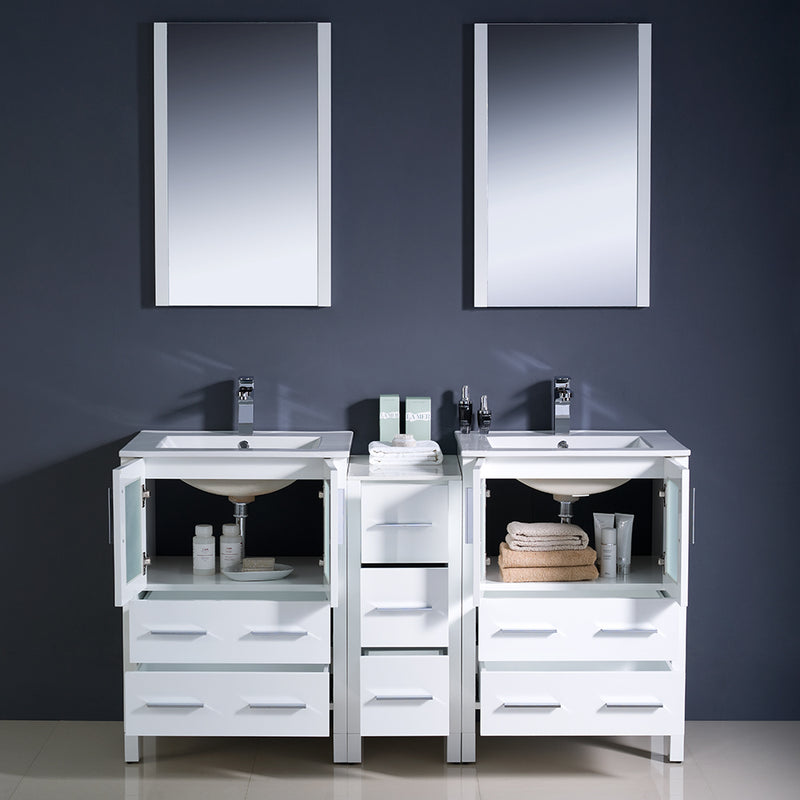 Fresca Torino 60" White Modern Double Sink Bathroom Vanity with Side Cabinet and Integrated Sinks FVN62-241224WH-UNS