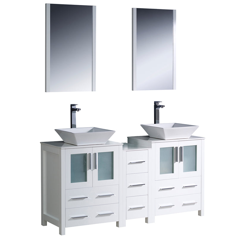 Fresca Torino 60" White Modern Double Sink Bathroom Vanity w/ Side Cabinet & Vessel Sinks FVN62-241224WH-VSL