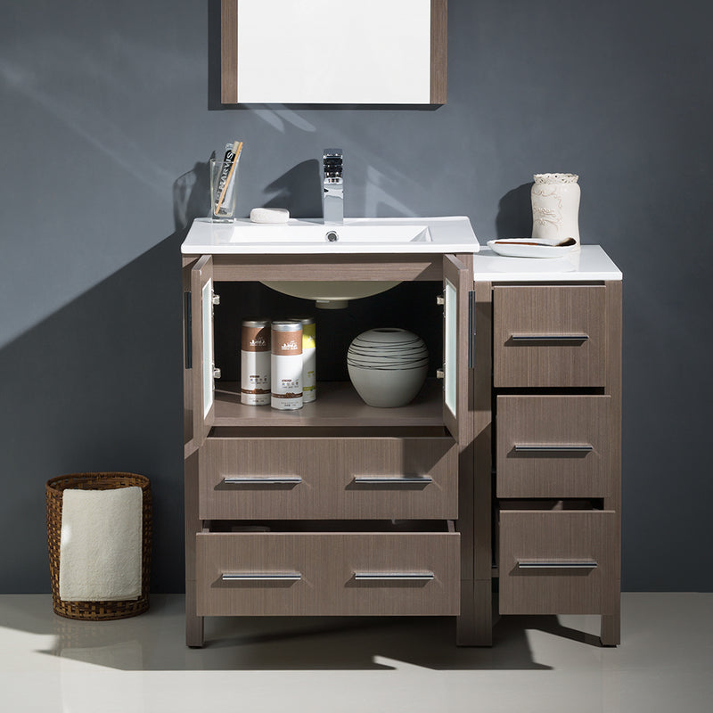 Fresca Torino 36" Gray Oak Modern Bathroom Vanity with Side Cabinet and Integrated Sinks FVN62-2412GO-UNS