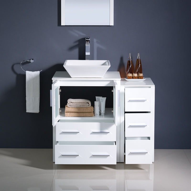 Fresca Torino 36" White Modern Bathroom Vanity with Side Cabinet and Vessel Sink FVN62-2412WH-VSL