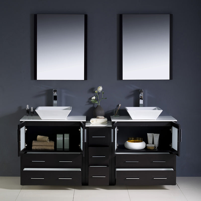 Fresca Torino 72" Espresso Modern Double Sink Bathroom Vanity with Side Cabinet and Vessel Sinks FVN62-301230ES-VSL