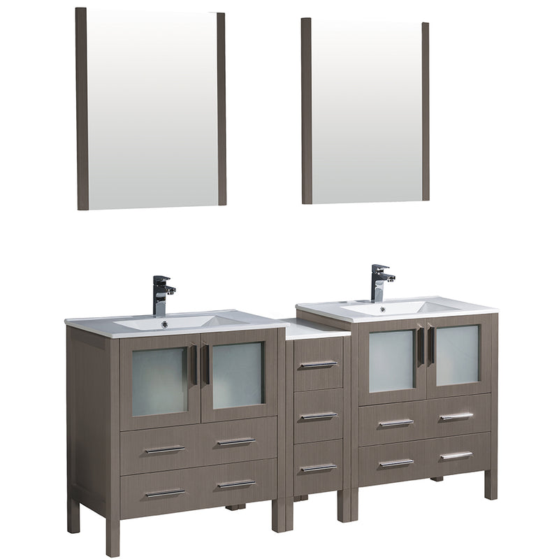 Fresca Torino 72" Gray Oak Modern Double Sink Bathroom Vanity w/ Side Cabinet & Integrated Sinks FVN62-301230GO-UNS