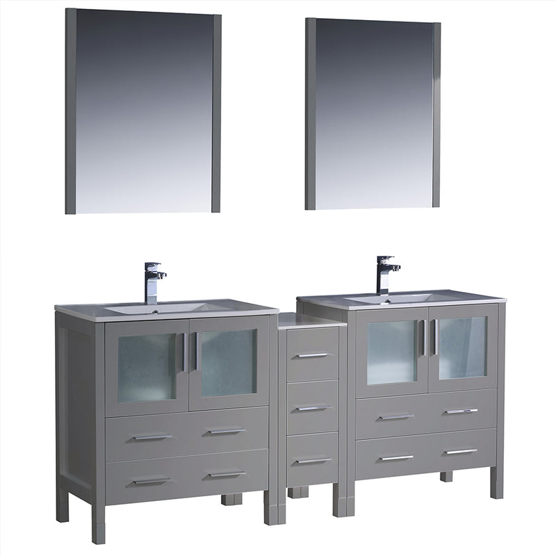 Fresca Torino 72" Gray Modern Double Sink Bathroom Vanity w/ Side Cabinet & Integrated Sinks FVN62-301230GR-UNS