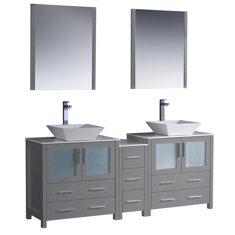 Fresca Torino 72" Gray Modern Double Sink Bathroom Vanity w/ Side Cabinet & Vessel Sinks FVN62-301230GR-VSL